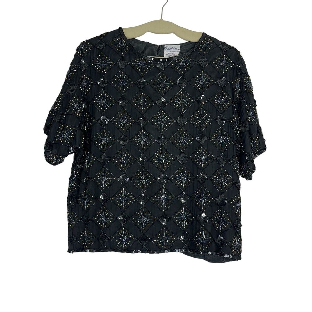 Vintage Black 100% Silk Fully Beaded Evening Party Top Blouse 80s Size Medium